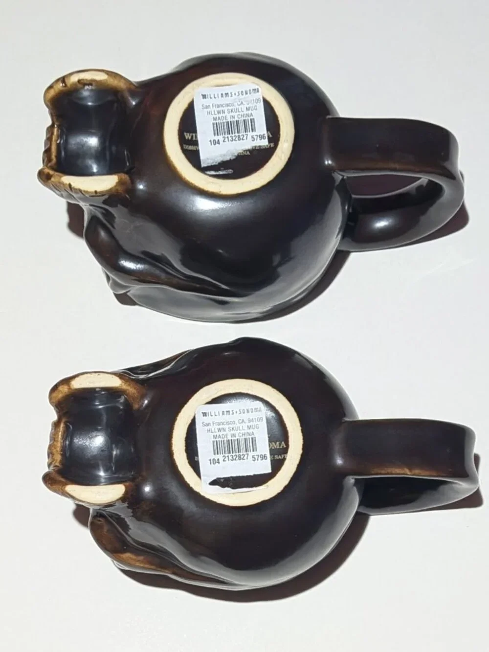 William Sonoma Halloween Ceramic Skull Coffee Mug Dark Brown Goth Set of 2 NEW